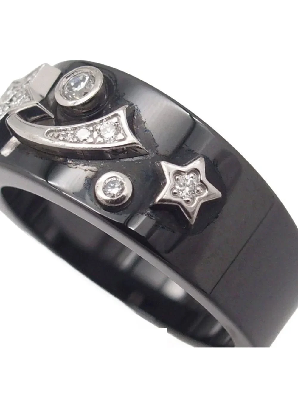 Chanel Cosmic Comet Ring Black White Gold Ceramic 18K Star Pave Diamond